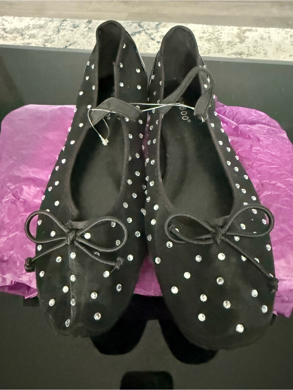BAMBOO Black Rhinestone-Studded Ballet Flats with Bow